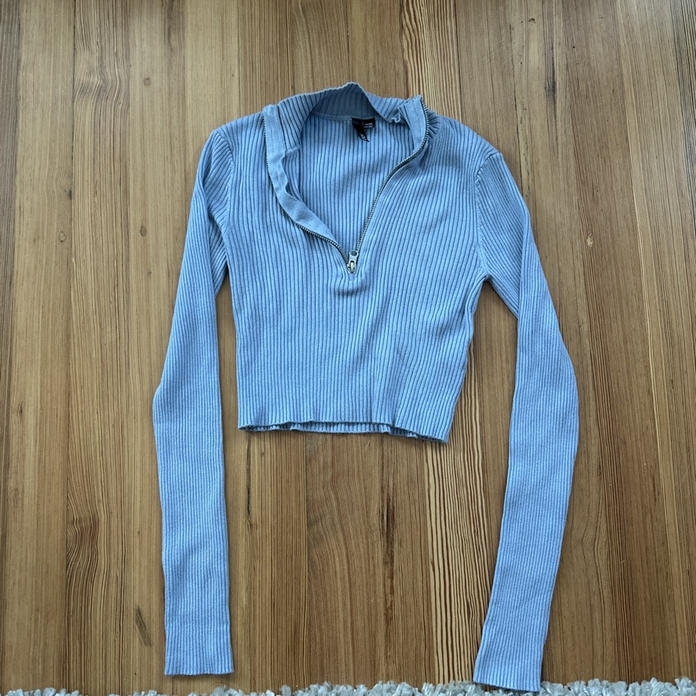 Garage Light Blue Ribbed Long Sleeve Top